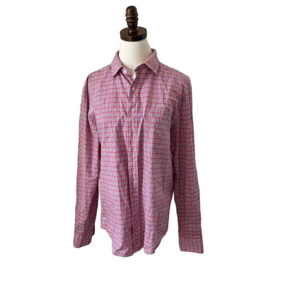 Faherty Movement Shirt Men's Medium Pink Black Checked Casual Preppy Button Down